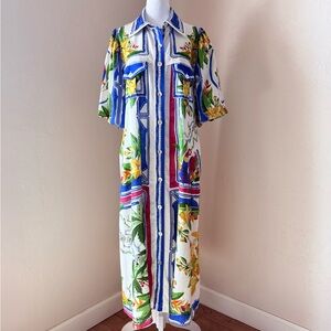 Farm Rio Tropical Destination Linen Blend Midi Shirt Dress Size S